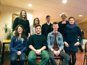 From left to right, back – Clementine Moores, Aimee Liggett, and Ryan Kemp (opposition), and Karen Sutton, Law Faculty Programme Director; front – Katie Doherty, Tom Cochrane, and Dylan Archbold (proposition) with Anne Driscoll, the Irish Innocence Project manager.