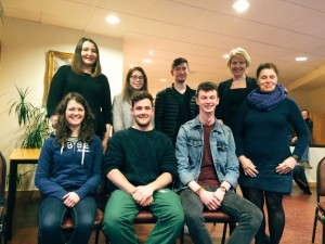 From left to right, back – Clementine Moores, Aimee Liggett, and Ryan Kemp (opposition), and Karen Sutton, Law Faculty Programme Director; front – Katie Doherty, Tom Cochrane, and Dylan Archbold (proposition) with Anne Driscoll, the Irish Innocence Project manager.